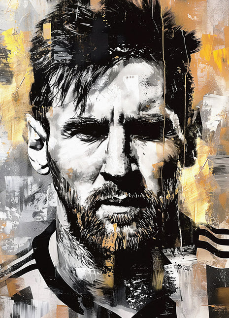 Bearded man in a striped sports shirt rendered in black, white and gold blocks