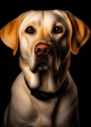 Golden short-haired dog facing forward with tan ears, pale muzzle and chest, and a dark collar.