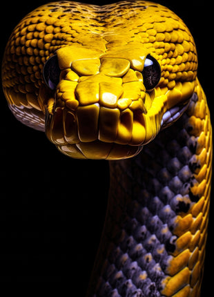 Golden-yellow snake facing forward with broad head and curved violet-gold scaled body against black.