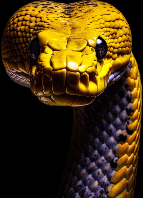 Golden-yellow snake facing forward with broad head and curved violet-gold scaled body against black.