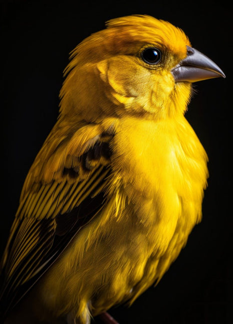 Golden-yellow songbird facing right with a short dark bill and brown-black wing markings.