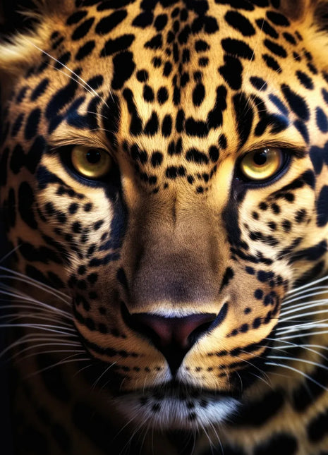 Close-up golden spotted big cat with yellow-green eyes, dense dark rosettes and long white whiskers.