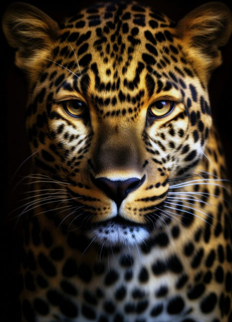 Golden spotted big cat with warm eyes, dark rosettes and a silver-white throat patch against black.