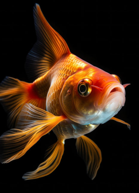 Orange-gold fish with delicate trailing fins and a pale lower face against black.