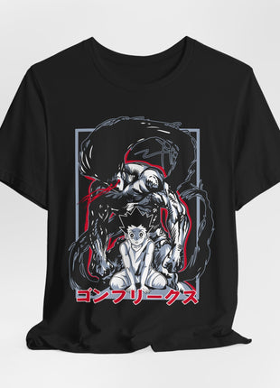 Draped front view of the black Gon Freecss Rage Transformation Graphic T-Shirt.