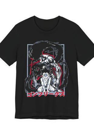 Front of a black T-shirt featuring Gon Freecss seated in front of a muscular long-haired version of himself with red accents.