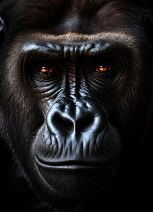 Close frontal gorilla portrait with silver-blue highlights, broad nose and amber eyes against black.