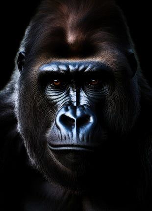 Front-facing gorilla with cool blue highlights on its brow and nose against black.