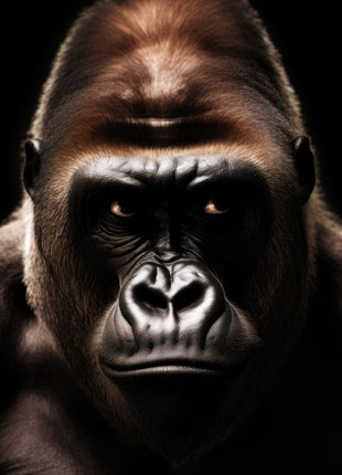 Front-facing gorilla with a warm brown crown, dark face and silver-edged nose against black.