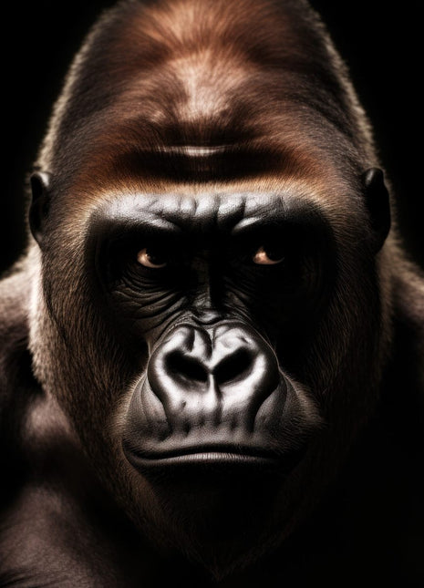 Front-facing gorilla with a warm brown crown, dark face and silver-edged nose against black.