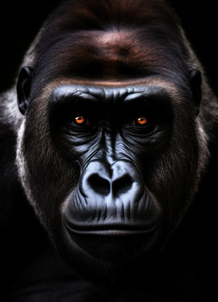 Front-facing gorilla with bright amber eyes and cool gray highlights across the nose and muzzle on black.