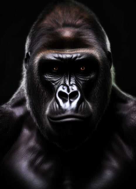 Front-facing gorilla with broad shadowed shoulders and a narrow silver-lit brow against black.
