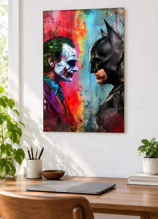 Joker and Batman facing each other in profile across red and blue paint streaks displayed above a desk in a room setting