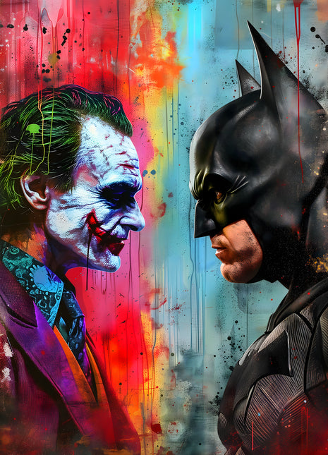 Joker and Batman facing each other in profile across red and blue paint streaks