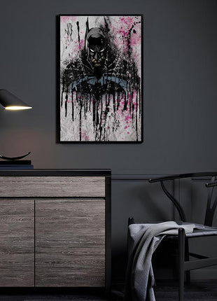 Gotham Inkfall Batman acrylic wall art displayed in a modern dark room, artwork by Jeff Benitez
