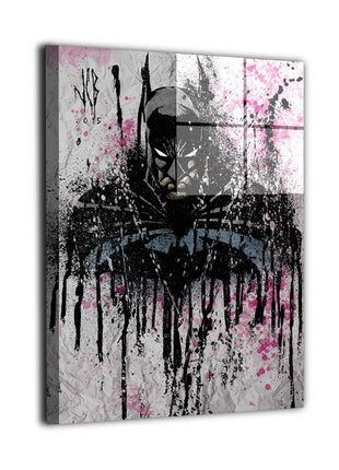 Gotham Inkfall Batman metal wall art print with black, blue and pink paint splashes by Jeff Benitez