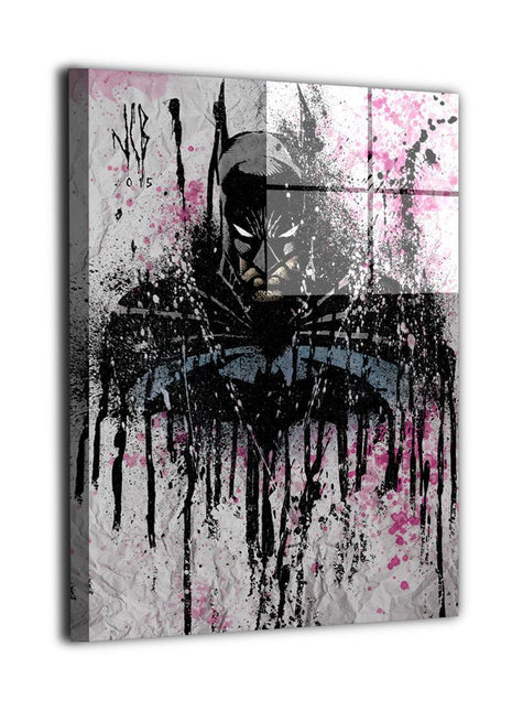 Gotham Inkfall Batman metal wall art print with black, blue and pink paint splashes by Jeff Benitez