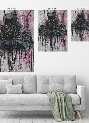 Gotham Inkfall Batman wall art size chart comparing 11x17, 12x18, 16x24 and 24x36 inch prints