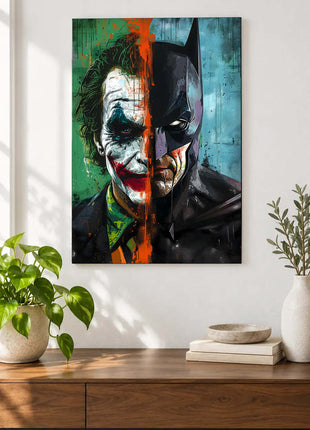 Joker and Batman split portrait divided by orange paint against weathered blue-green displayed above a console table in a room setting