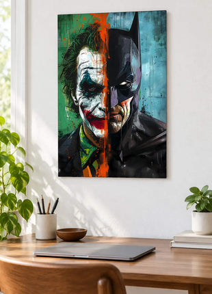 Joker and Batman split portrait divided by orange paint against weathered blue-green displayed above a desk in a room setting