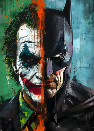 Joker and Batman split portrait divided by orange paint against weathered blue-green