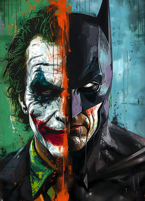 Joker and Batman split portrait divided by orange paint against weathered blue-green