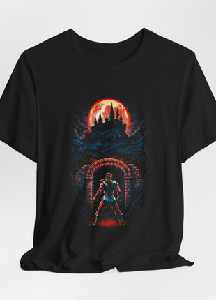Draped front view of the black Gothic Castle Blood Moon Gate Graphic T-Shirt.