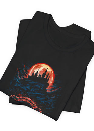 Folded view of the black Gothic Castle Blood Moon Gate Graphic T-Shirt.