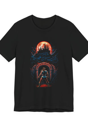 Front view of the black Gothic Castle Blood Moon Gate Graphic T-Shirt.