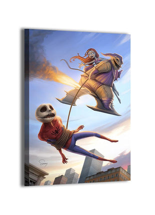 Gourd Glider Homage wall art featuring Jack Skellington as Spider-Man and Oogie Boogie as Green Goblin — alternate artwork view