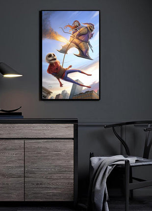 Gourd Glider Homage wall art featuring Jack Skellington as Spider-Man and Oogie Boogie as Green Goblin — room display mockup