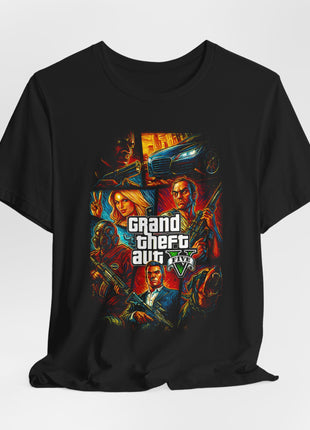 Draped front view of the black Grand Theft Auto V Los Santos Collage Graphic T-Shirt.