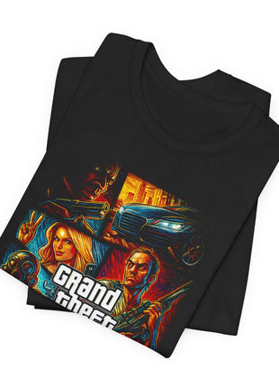 Folded view of the black Grand Theft Auto V Los Santos Collage Graphic T-Shirt.