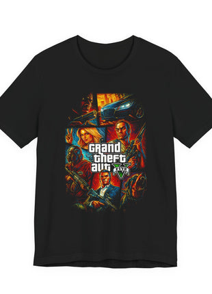 Front view of the black Grand Theft Auto V Los Santos Collage Graphic T-Shirt.