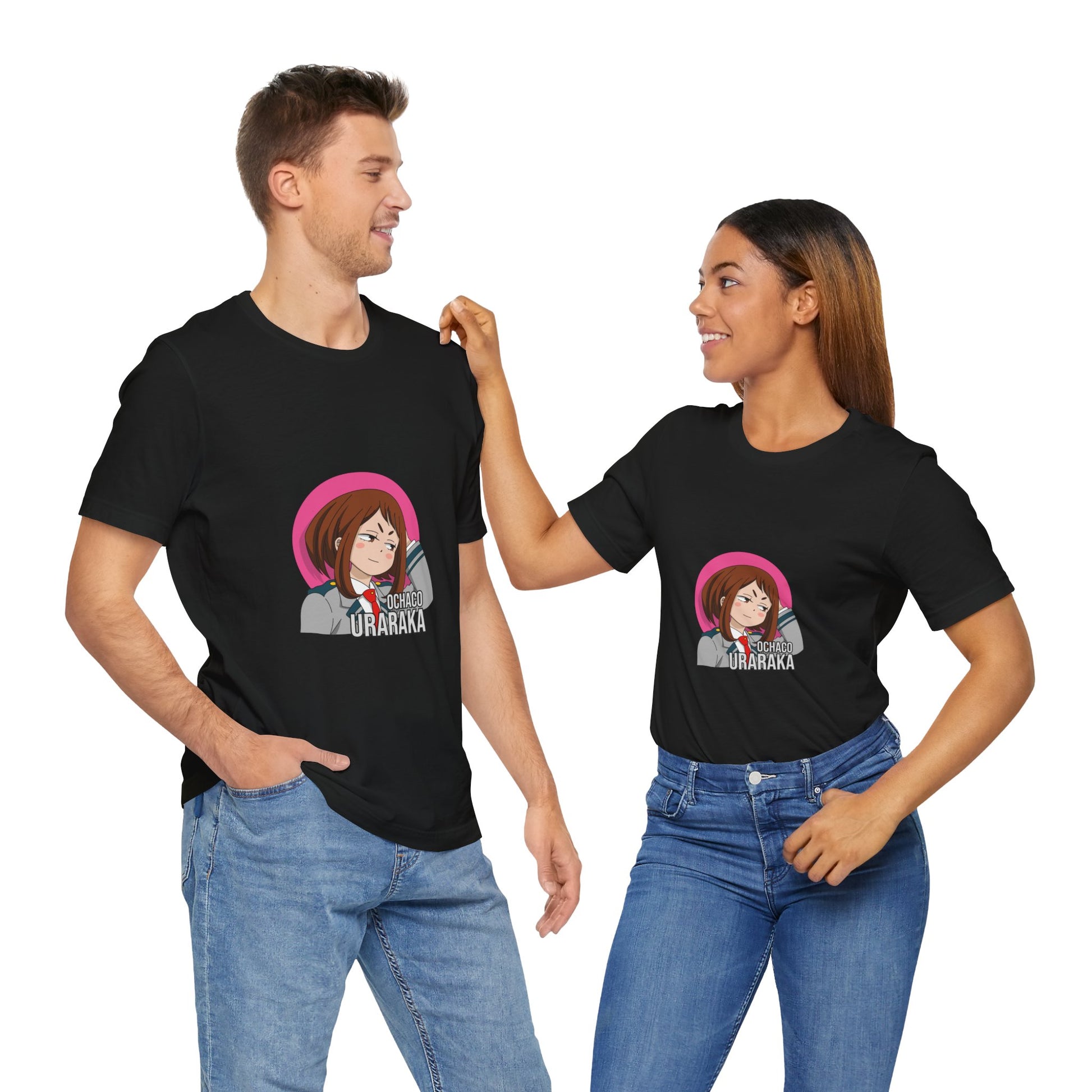 Alt: Gravity Hero Academy Anime Shirt on black, worn by models, lifestyle display by Snapping Turtle Gallery

