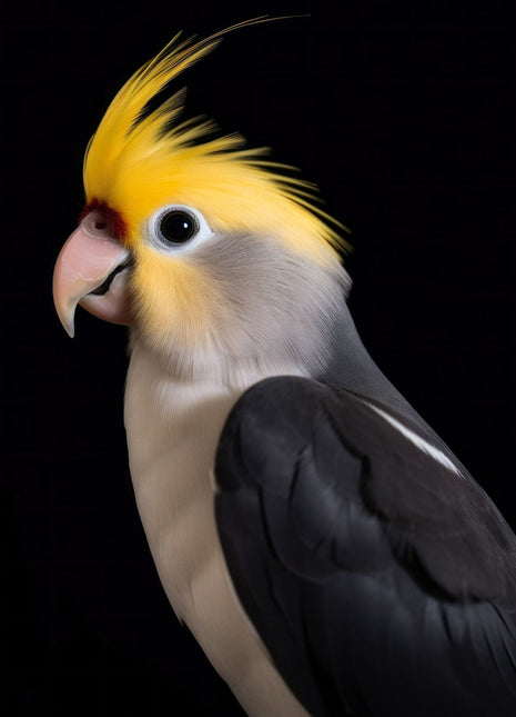 Gray cockatiel-like parrot facing left with an upright yellow crest and pale face.