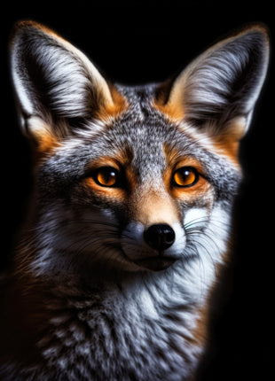 Gray fox facing forward with tall ears, copper cheek highlights and silver-white throat fur against black.