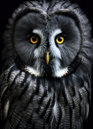Front-facing gray owl with golden eyes, rounded facial feathers and a black background.
