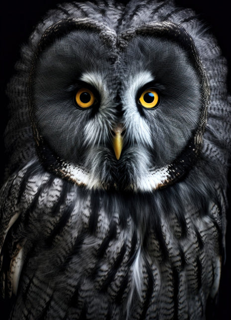 Front-facing gray owl with golden eyes, rounded facial feathers and a black background.