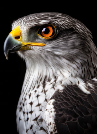Gray raptor facing left with orange eye, dark hooked beak and speckled white chest.
