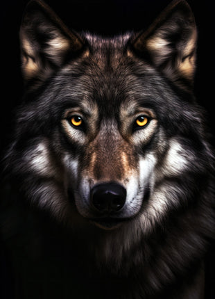 Gray wolf facing forward with amber eyes, silver cheeks, dark crown and textured chest fur on black.