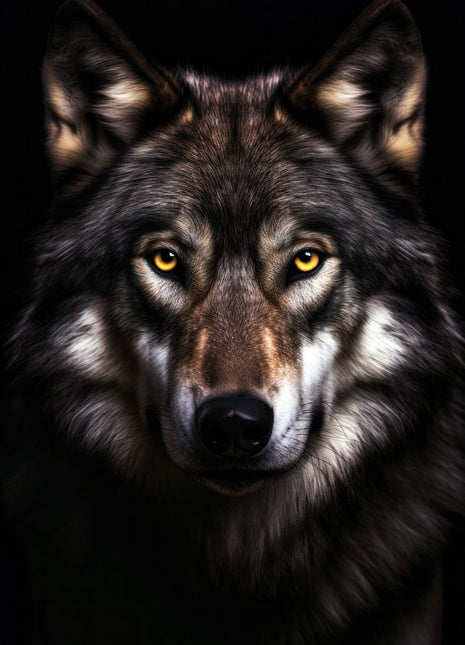 Gray wolf facing forward with amber eyes, silver cheeks, dark crown and textured chest fur on black.