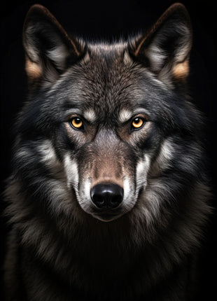Gray wolf facing forward with pointed ears, a silver crown, amber eyes and pale muzzle on black.
