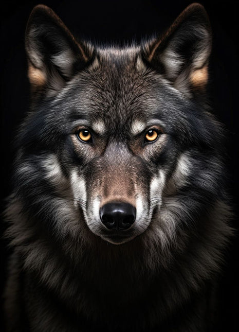 Gray wolf facing forward with pointed ears, a silver crown, amber eyes and pale muzzle on black.