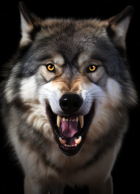 Gray wolf facing forward with open mouth, exposed teeth, amber eyes and pale cheek fur against black.