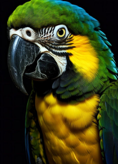 Green-and-blue parrot with yellow chest, black facial lines and a large dark beak.