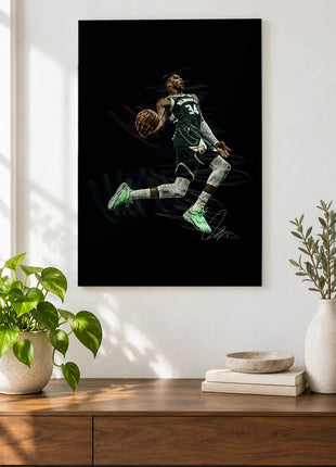 Green Jersey Flight acrylic wall art displayed above a wooden console with plants and books against a white wall.