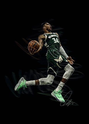 Green Jersey Flight: captures a basketball player airborne in a green Milwaukee number 34 uniform.