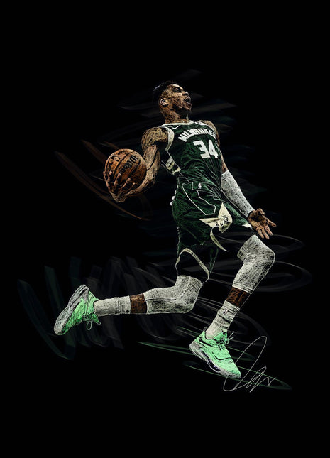 Green Jersey Flight: captures a basketball player airborne in a green Milwaukee number 34 uniform.