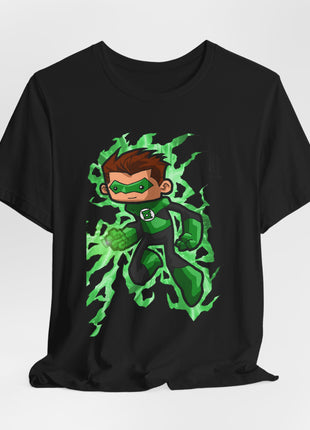 Draped front view of a black graphic T-shirt showing chibi Green Lantern surrounded by a green energy aura.